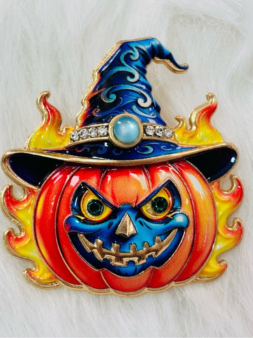 Halloween Jack O’ Lantern Witch Hat Rhinestone Brooch Pin